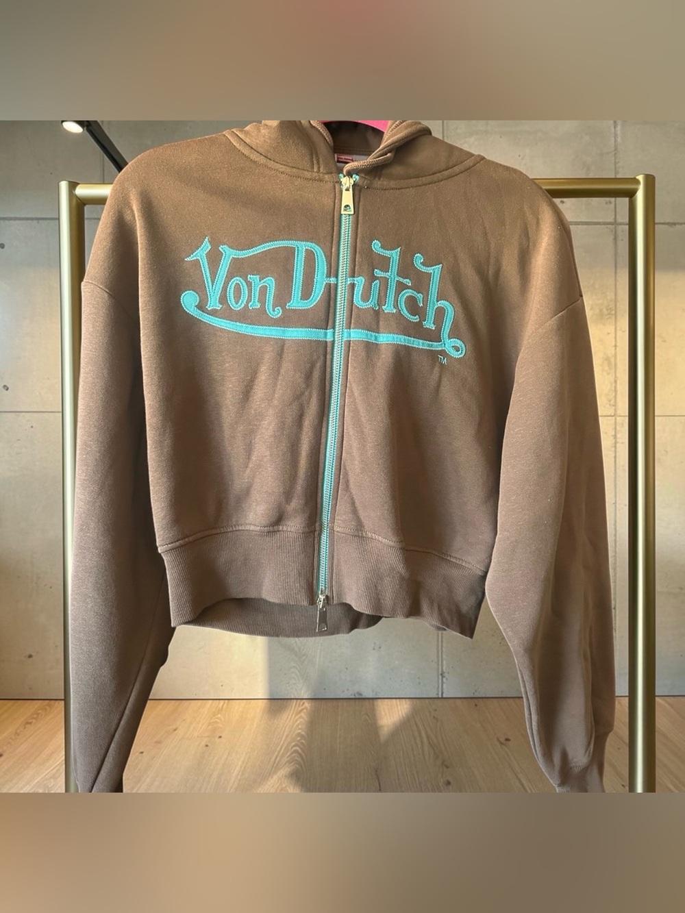 Von Dutch Brown Zip Hoodie with Teal Logo. Size Medium.
